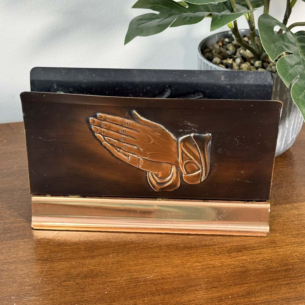 Vintage Coppercraft Guild Copper Praying Hands Letter Napkin Holder USA